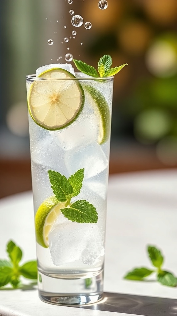 A refreshing zero carb vodka cocktail with lime and mint on ice.